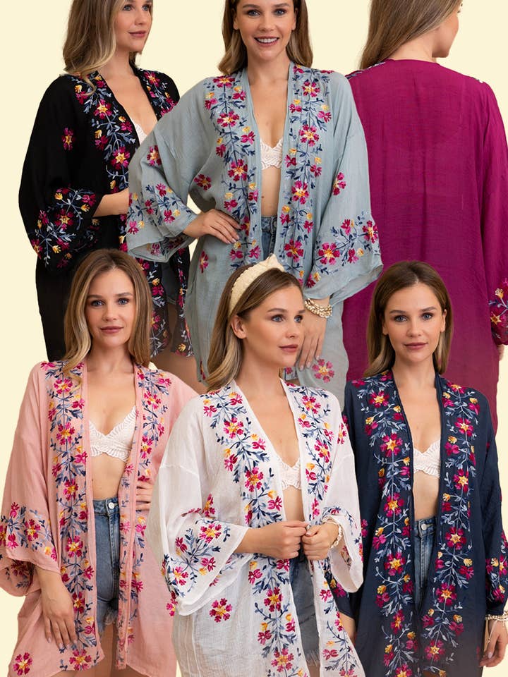 Anemonen-Kimono mit Blumenstickerei in 6 schönen Farben 😍 für den Großhandel von Leto Accessories