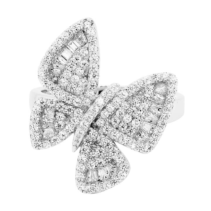 Anillo de plata de ley chapado en rodio con forma de mariposa con circonita cúbica blanca para venta al por mayor de Dlux Jewels