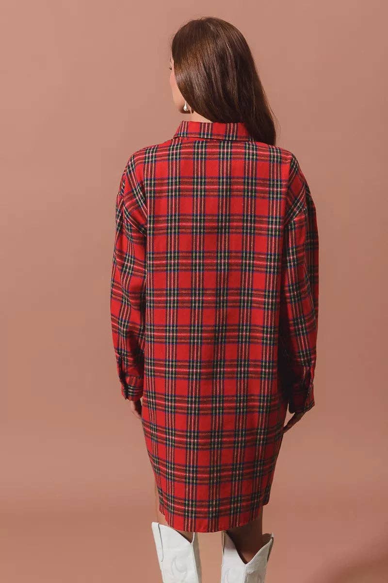 RED MULTI SO ME Christmas Checker Plaid Button Up Shirt Dress for wholesale on Faire9