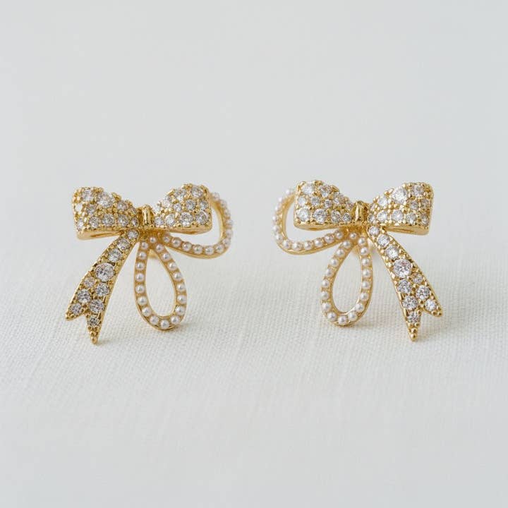 Vintage Inspired Pearl and Cubic Zirconia Bowknot Earrings for wholesale by Ellemadera