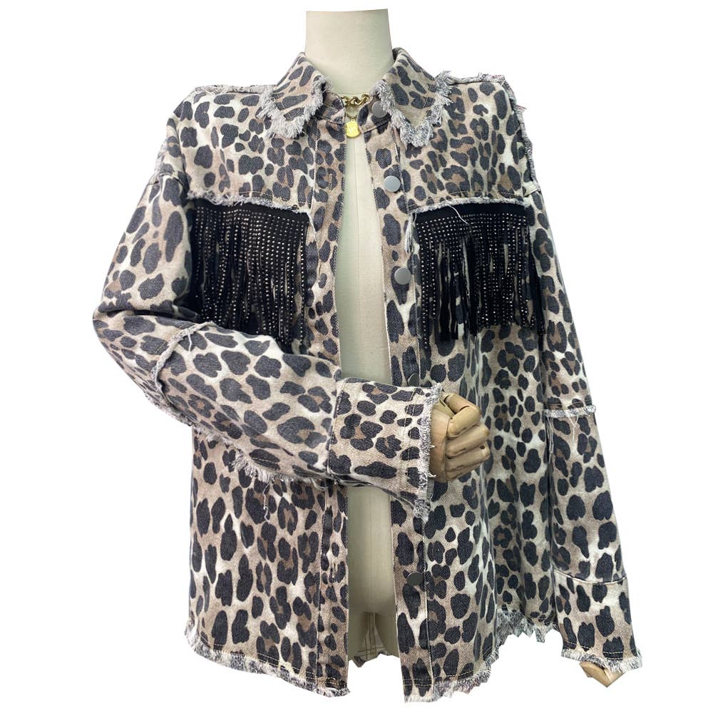 leopard fringed washed oversized denim jacket for wholesale on Faire7