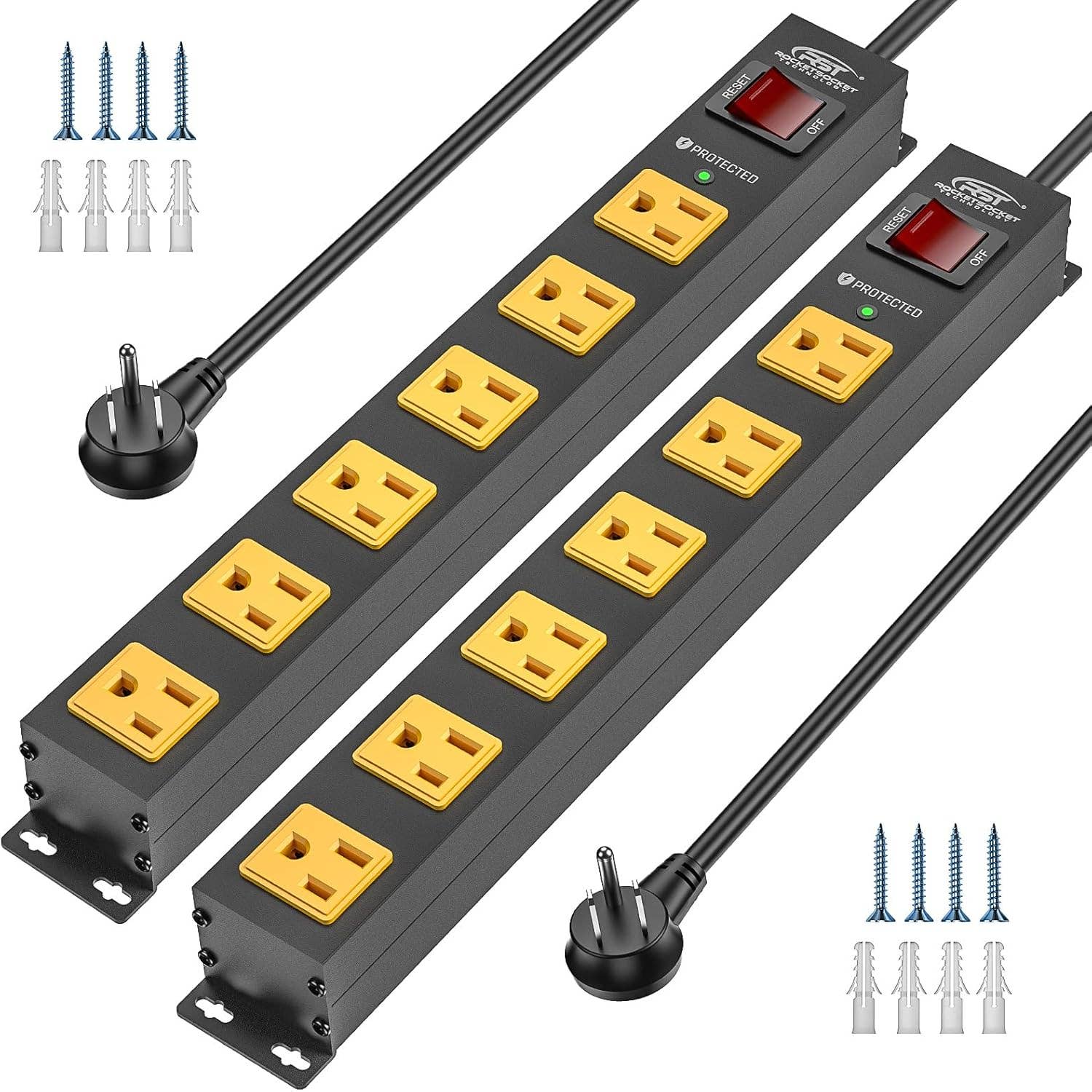 Rocket Socket Technology - Wholesale Power Adapter - CRST 2PK Wider Spaced 6 Outlet Metal Surge Protector Power Strip 2100J 15A 1875W Heavy Duty Mountable Power Bar 6FT Flat Plug Extension Cord5