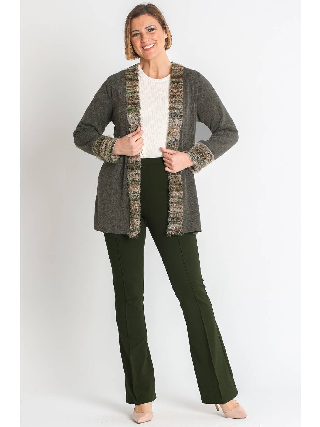 KHAKI 372180L KNIT COAT WITH FRONT JACQUARD FUR PIECES for wholesale on Faire4