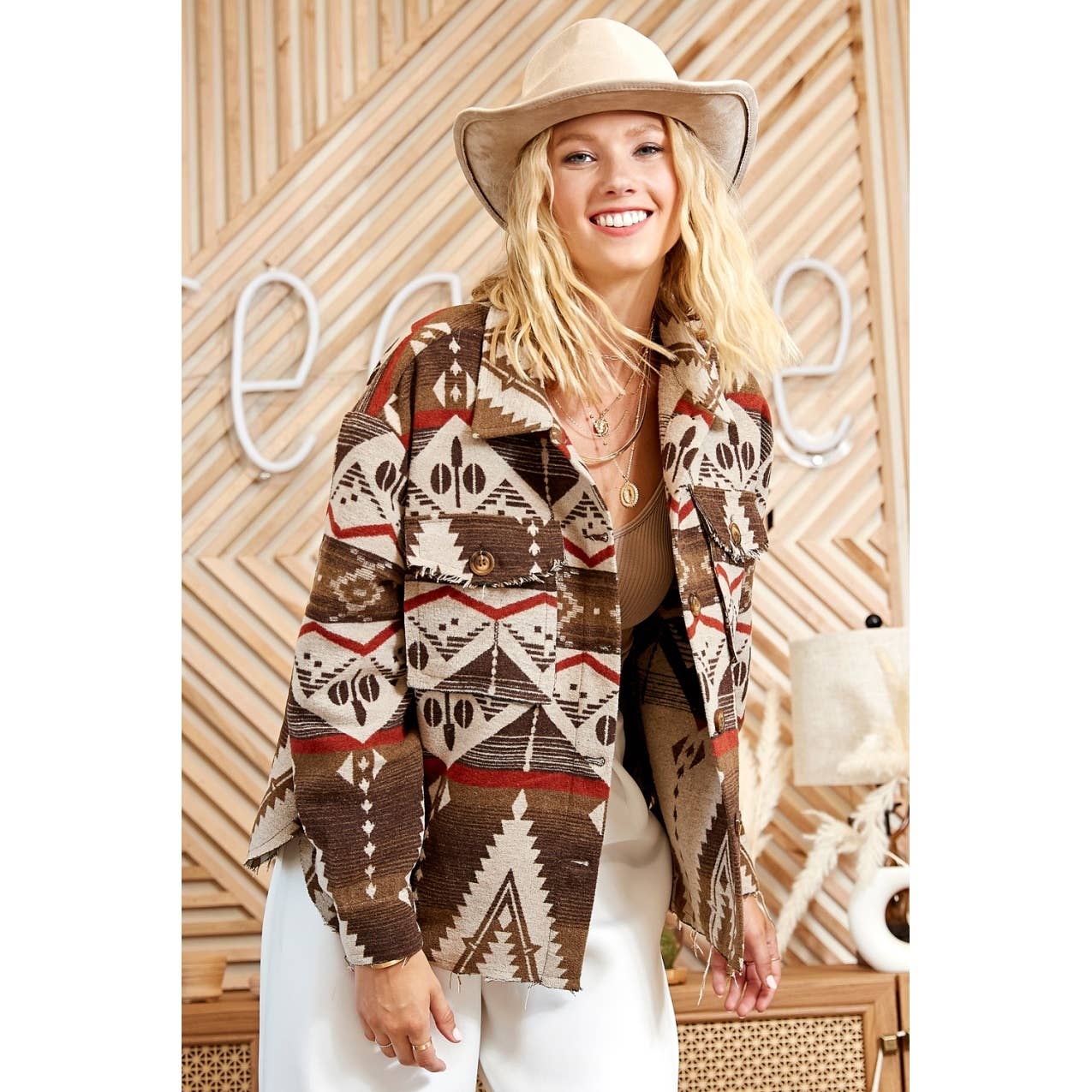 Sweet Generis – wholesale Shirt Jacket/Shacket - Women’s – TRIBAL AZTEC PATTERN BUTTON DOWN SHIRT JACKET2