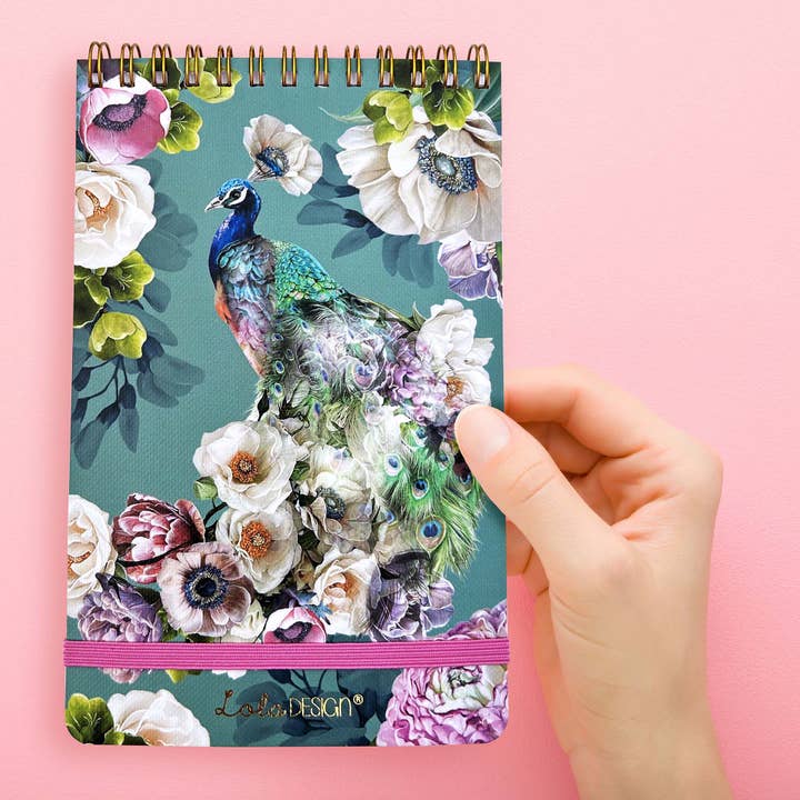 Peacock pattern top spiral notepad with elastic closure for wholesale by Lola Design Ltd