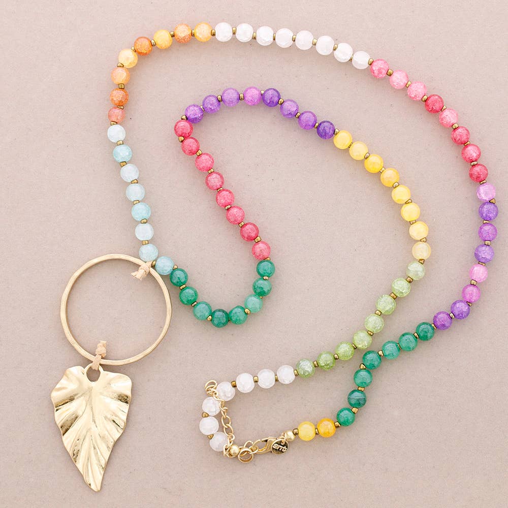 Sonata – wholesale Pendant/charm necklace – Long Crystal Necklace with Circle Metal Leaf Pendant5