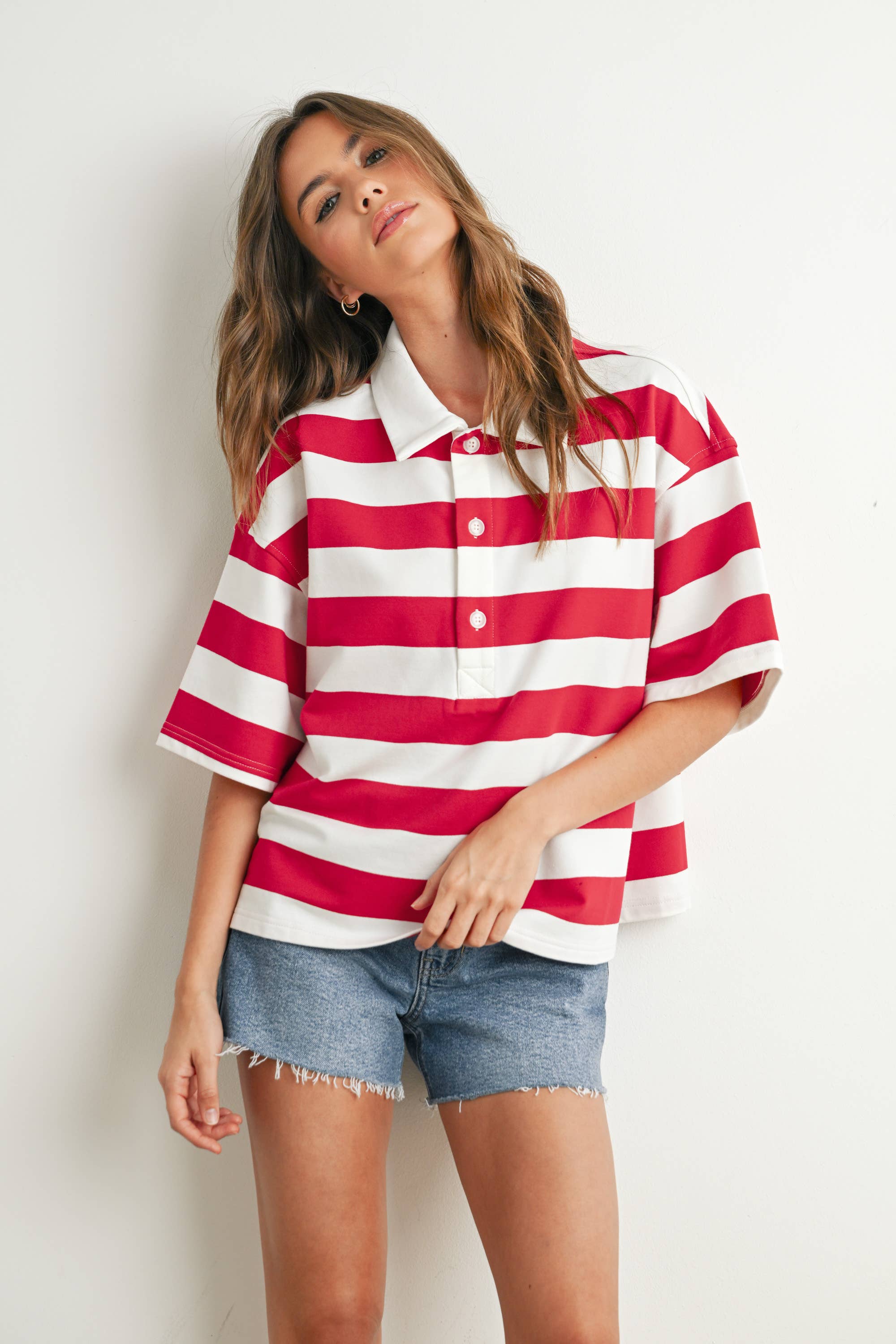 BUTTERMELON - Wholesale Polo - Women's - Striped Oversized Polo Shirt - BMT77107