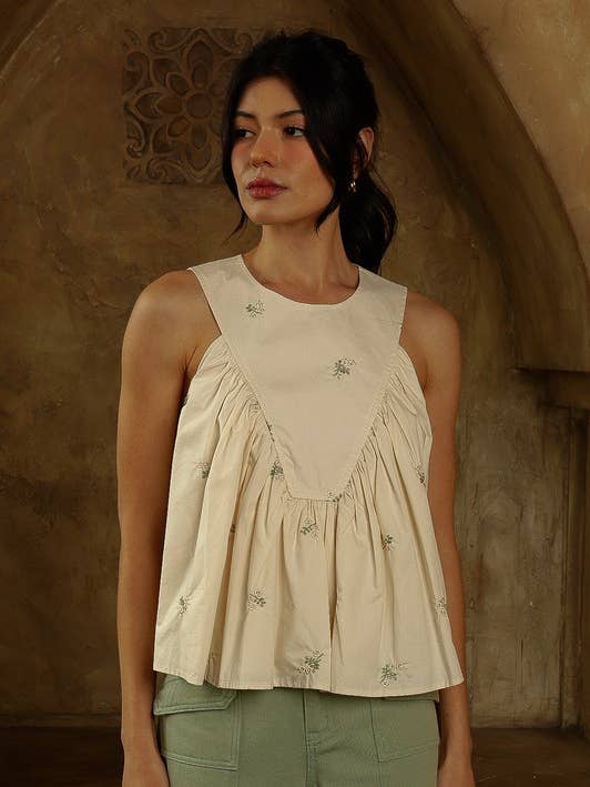 JOT1117 Sage Green Embroidered Babydoll Sleeveless Top for wholesale by Heyson