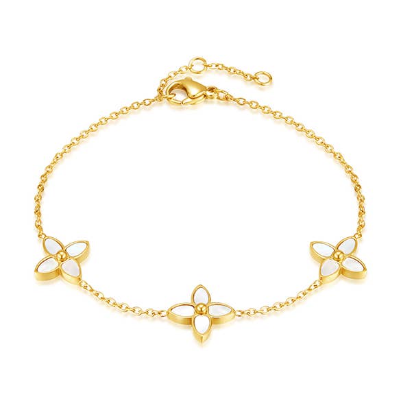 Four Leaf Flower Bracelet in Gold & Pearl
for wholesale by White Leaf