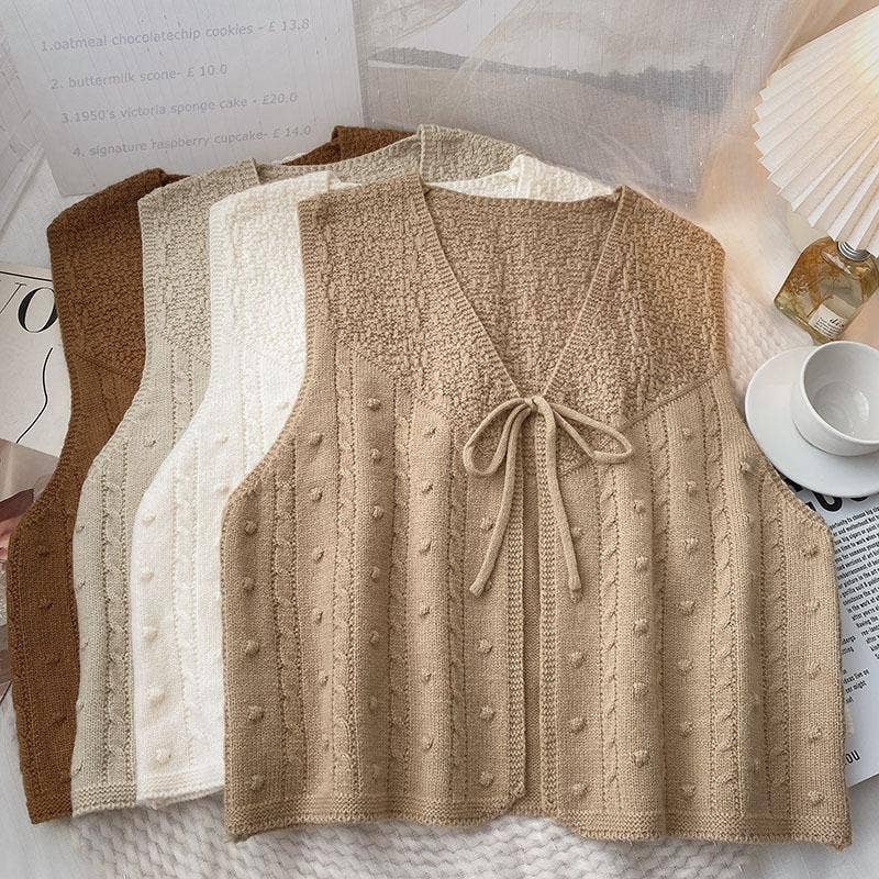 Rosa Clothing - Wholesale Knit Top - Women's - V-neck Ribbon Bow tie front lace up knit Cardigan gilets12