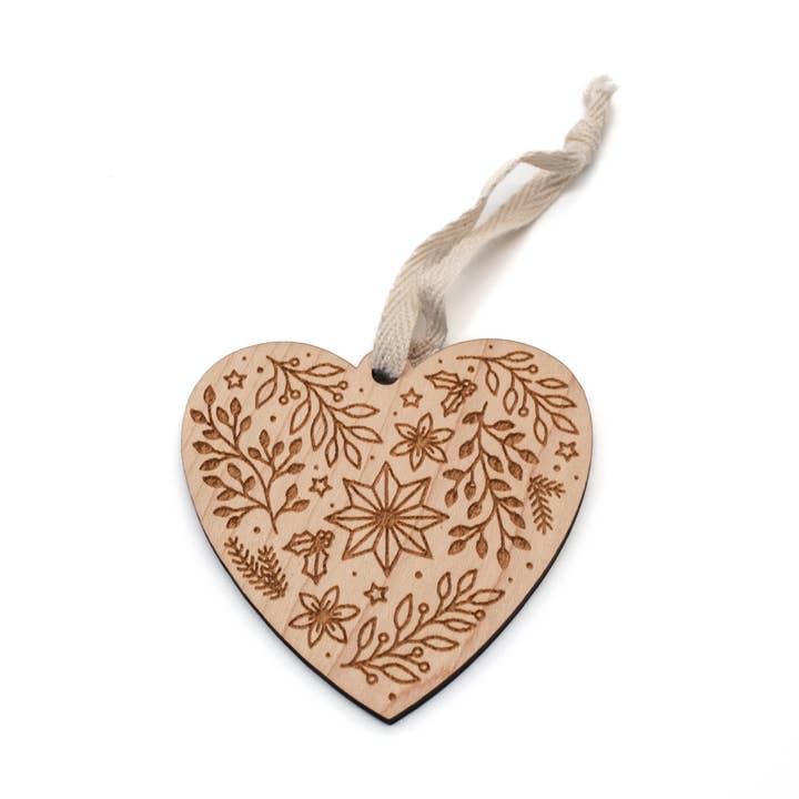 Festive Floral Heart Engraved Wood Ornament for wholesale by Wildewood Handcrafted Goods