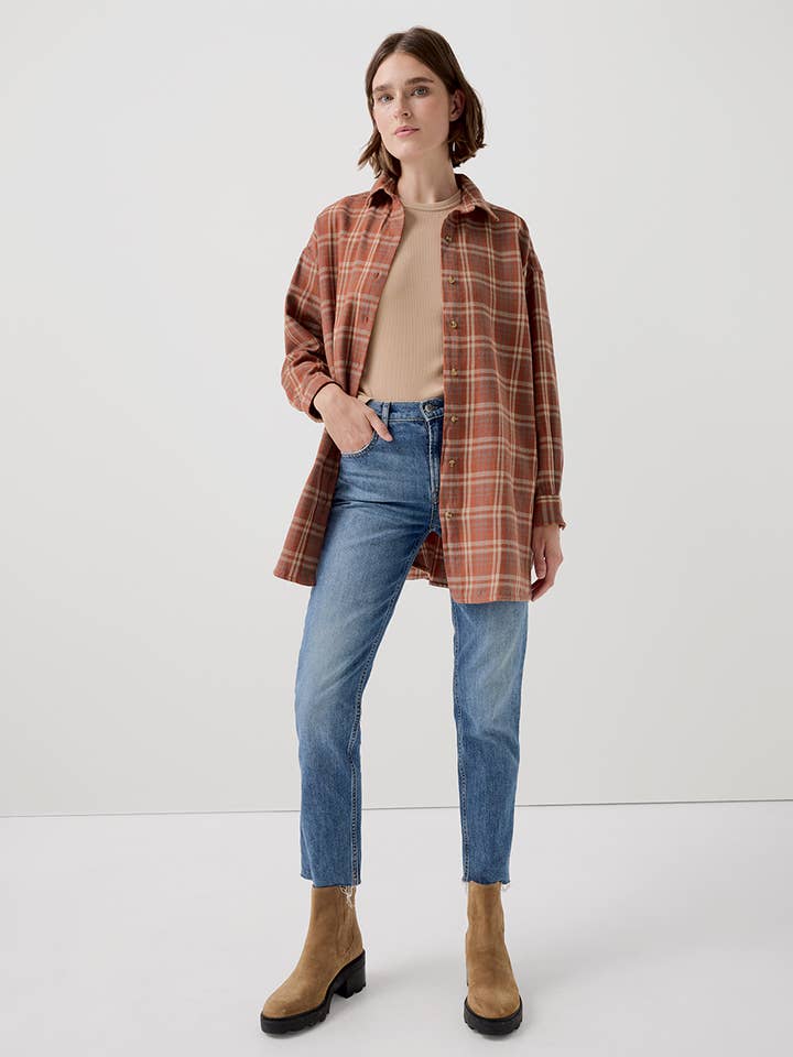 Pomegranate Plaid Women's Fireside Flannel Oversized Shirt for wholesale on Faire
