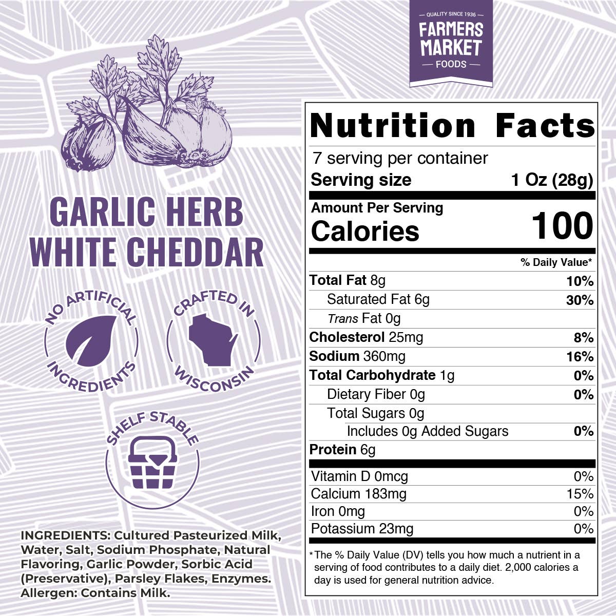 Farmers' Market Foods - Wholesale Cheese - Garlic Herb White Cheddar 7oz (Shelf Stable)3