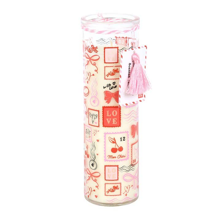 Something Different Wholesale – wholesale Jar/filled candle – Valentine Postage Stamp Print Sparkling Rose Tube Candle1