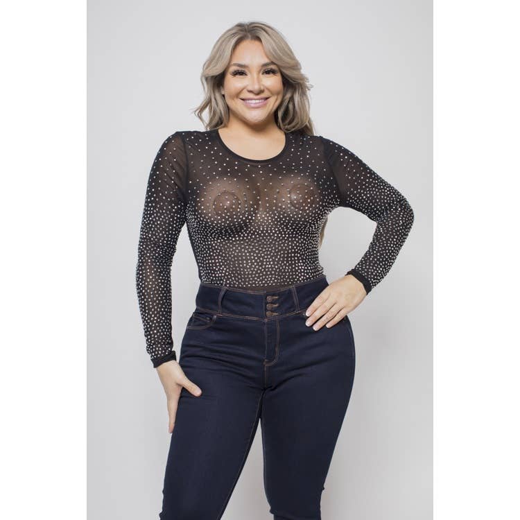 Curve Market - Wholesale Bodysuit - Women's - PLUS SIZE RHINESTONE STUDDED MESH BODYSUIT1