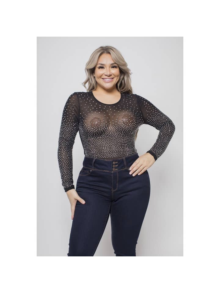 Curve Market - Wholesale Bodysuit - Women's - PLUS SIZE RHINESTONE STUDDED MESH BODYSUIT1