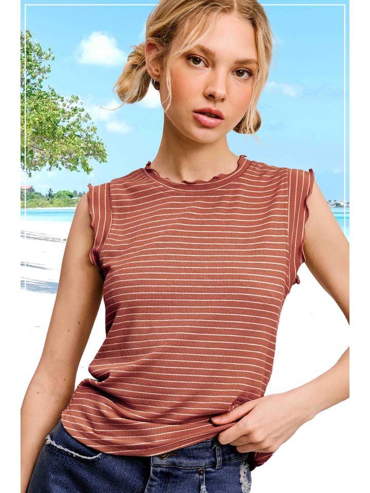 La Miel - Wholesale Tank Top - Women's - HCT7692-Stretchy Brushed Ruffle Sleeve Stripe Tank Top