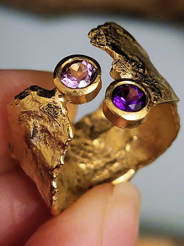 Two Shades of Amethyst & Gold Faerie Tale Ring for wholesale by Caroline Stokesberry-Lee Jewellery Design