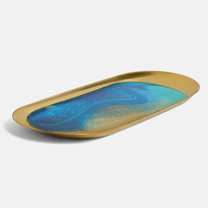 Gold Jewelry Trinket Tray - Blue resin epoxy art for wholesale by YFL Art & Decor