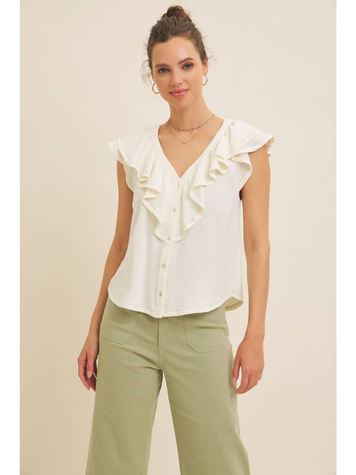 RUFFLE BLOUSE TOP WITH BUTTON-DOWN FRONT AND CONTRAST STITCH for wholesale by in february