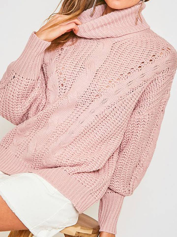 Cable knit detail front turtle neck sweater VT51208 for wholesale by Vine & Love