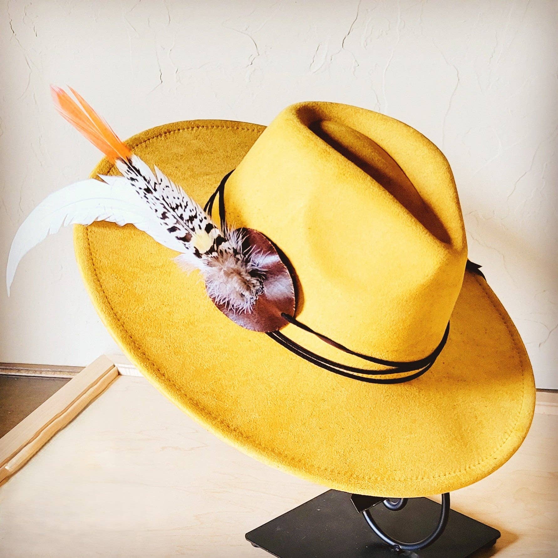 The Jewelry Junkie - Wholesale Fedora - Women's - Mustard Boho Western Hat w/ Choice of Turquoise Hat Accent 983v2