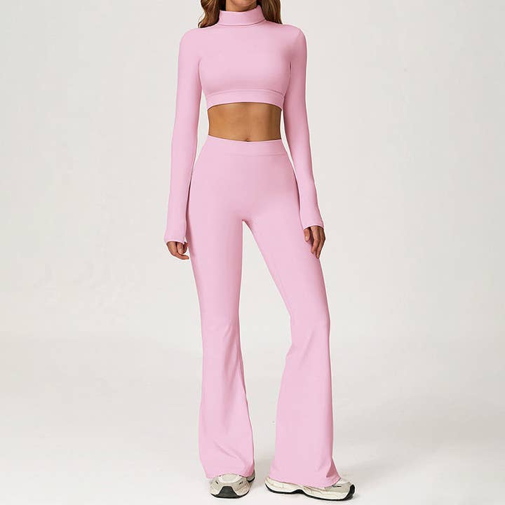WONDERXFANS - Wholesale Activewear Set - Women's - High-Neck Cropped Long Sleeve + Flared Leg Pants 2-Piece Set7