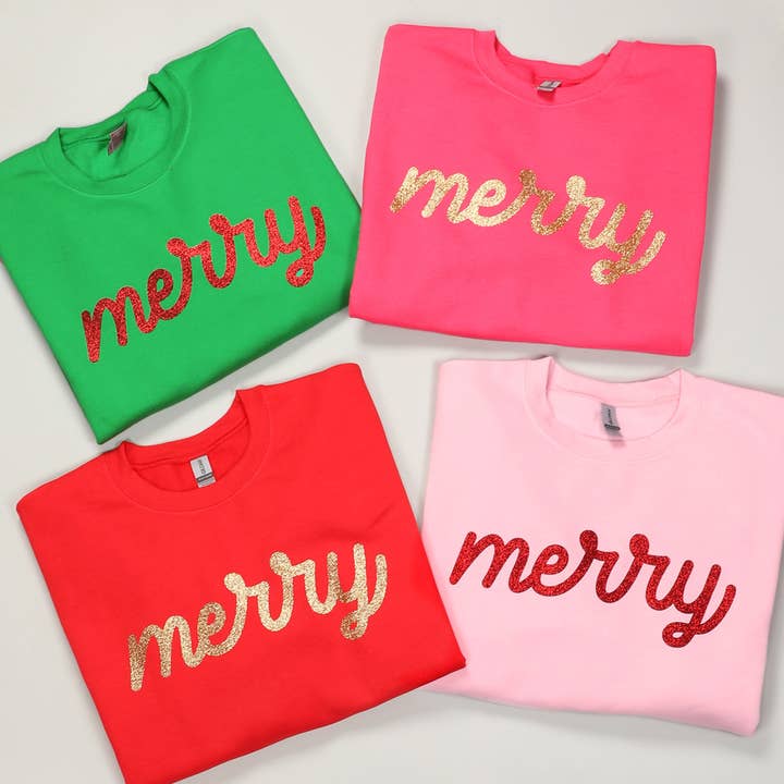 Fashion City - Wholesale Sweatshirt – Women's - Merry Typography Glitter Logo Design Fleece Shirt16