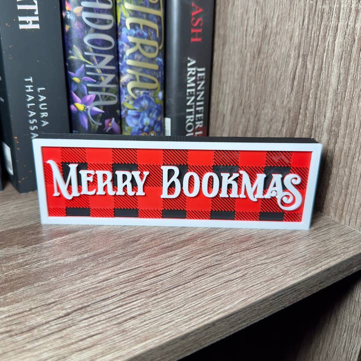 Merry Bookmas Sign | Buffalo Plaid Pattern | Bookshelf Decor for wholesale by The Crafted Nook