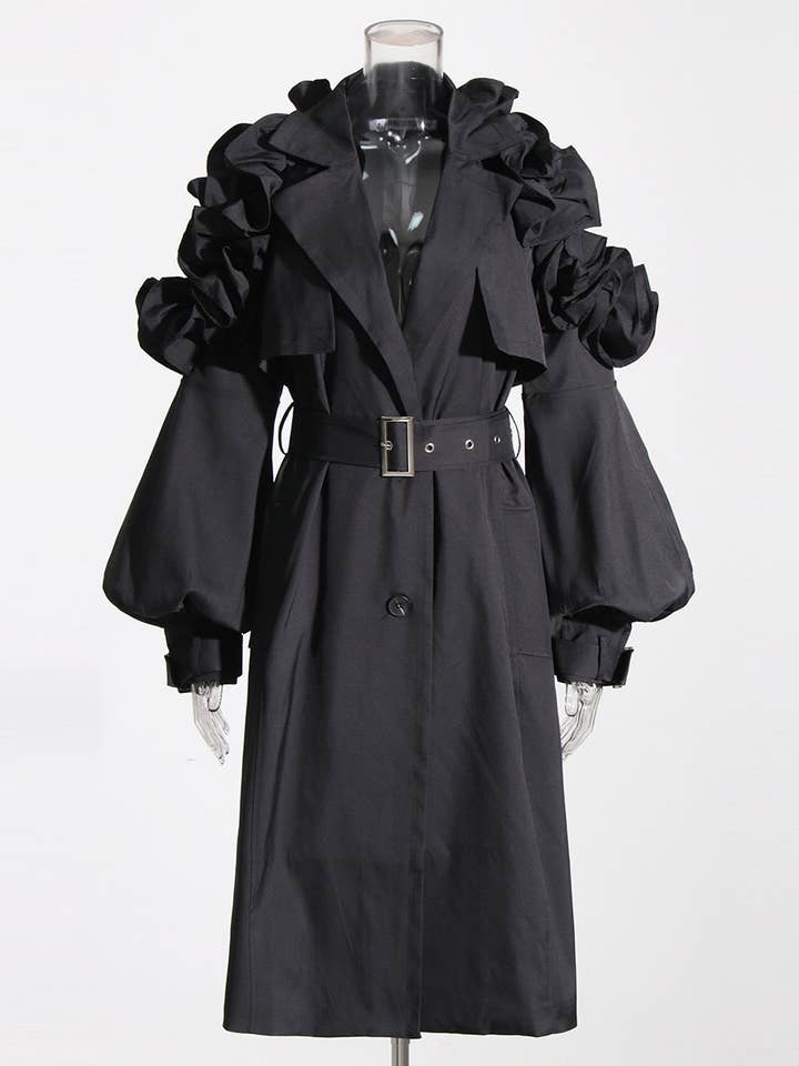 Khaki CT020 Women's Shoulder Ruffle Commuter Knee Length Coat for wholesale on Faire27