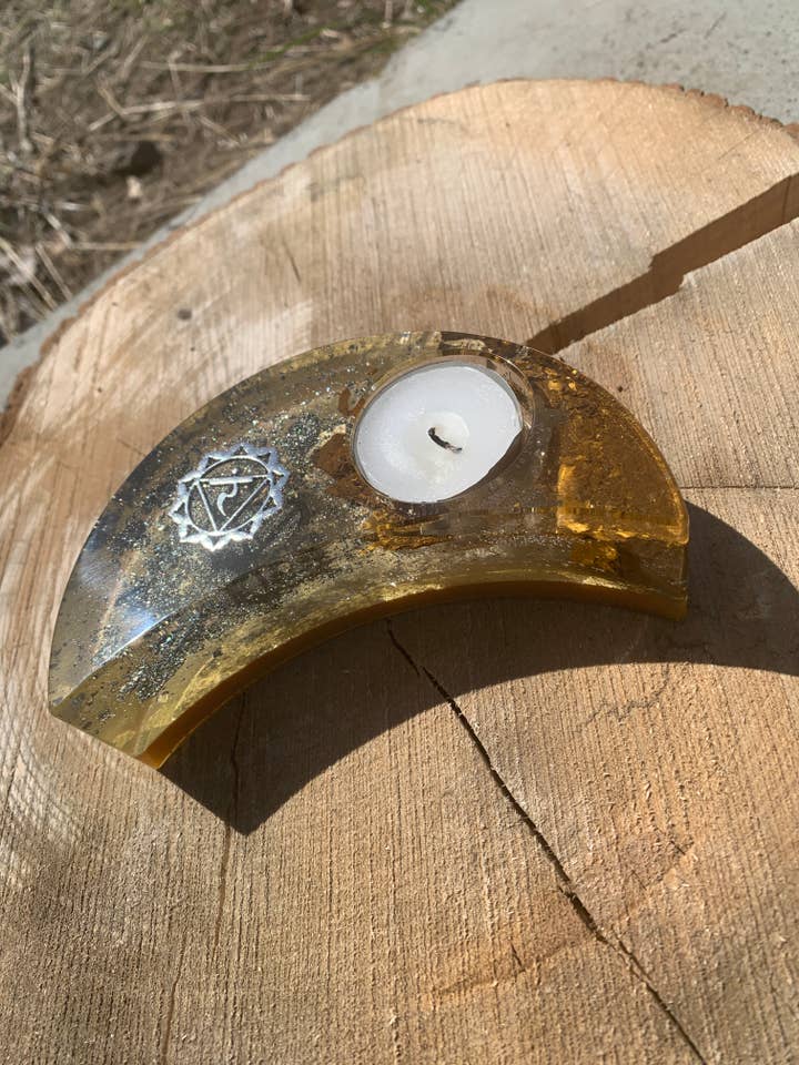 CHAKRA-SOLAR PLEXUS Candle Holder for wholesale by Orgonics by Driftwood Works Inc