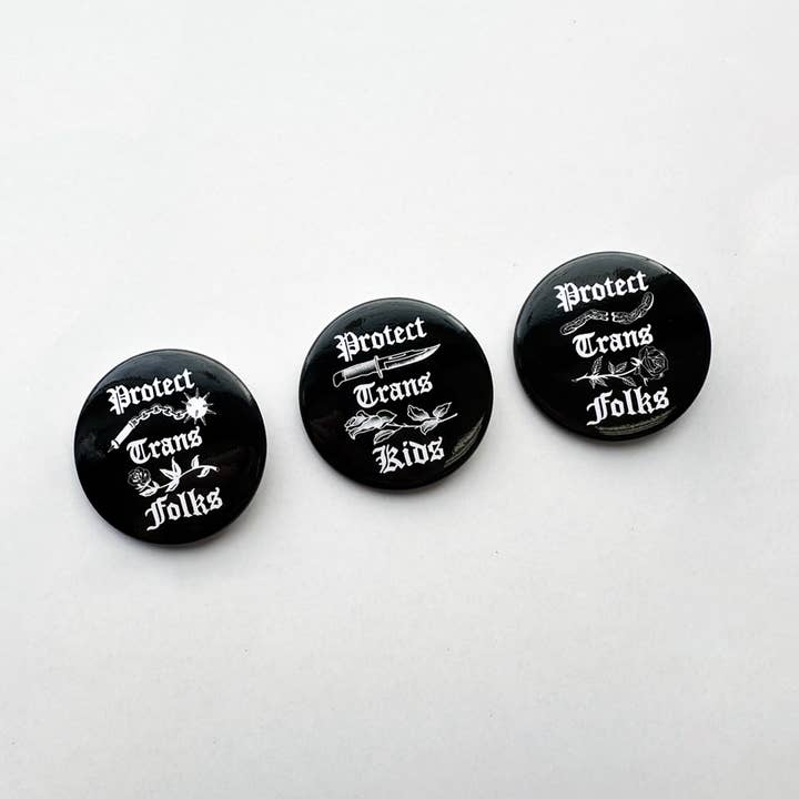 Protect Trans Folks/Kids Pin back Button Pack for wholesale by Transfigure Print Co.