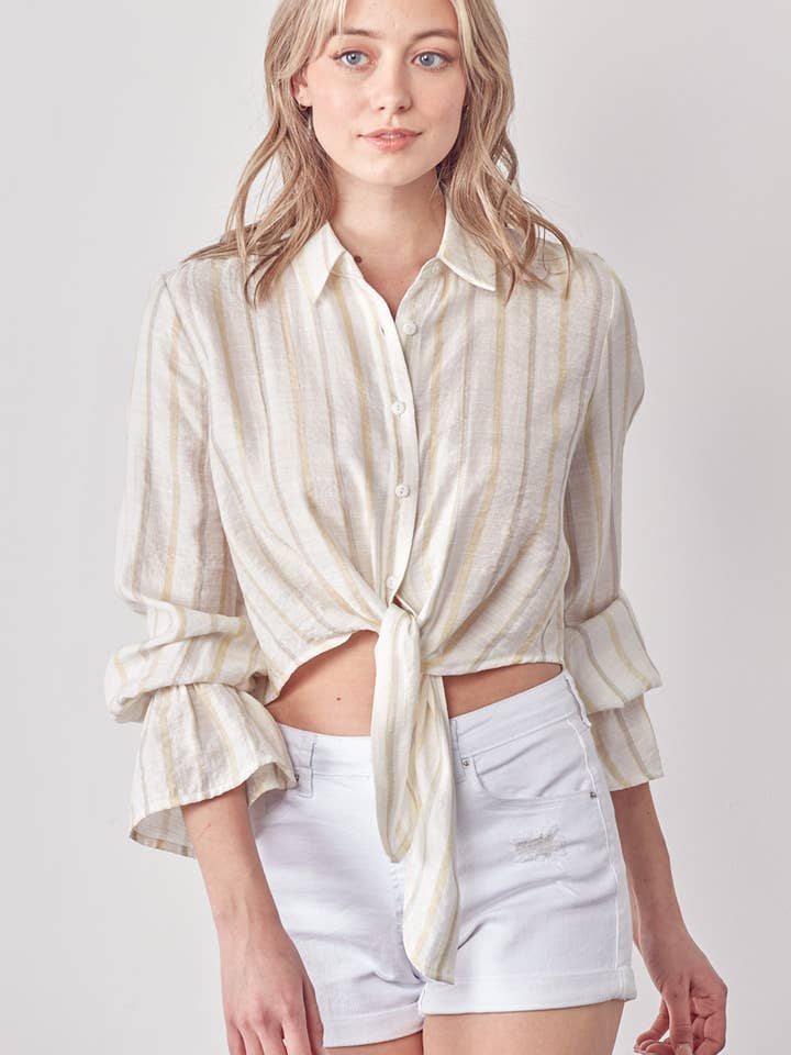 10871 Chemise boutonnée à manches 3/4 à rayures en lin pour la vente par Stump & co