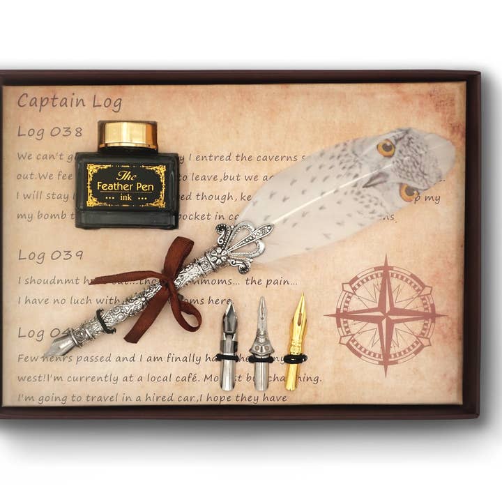 Quill Pen Gift Set With Pen, Ink & 3 Nibs-Owl Face for wholesale by Mad Witch Ltd