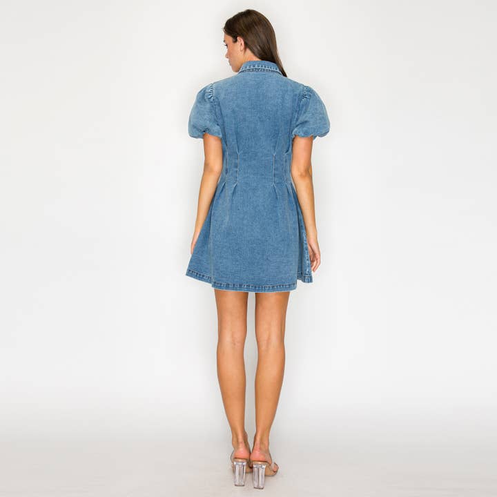 LoveWednesday - Wholesale Dress - Women's - Modern Muse Denim Bubble Sleeve Dress - LWD33853
