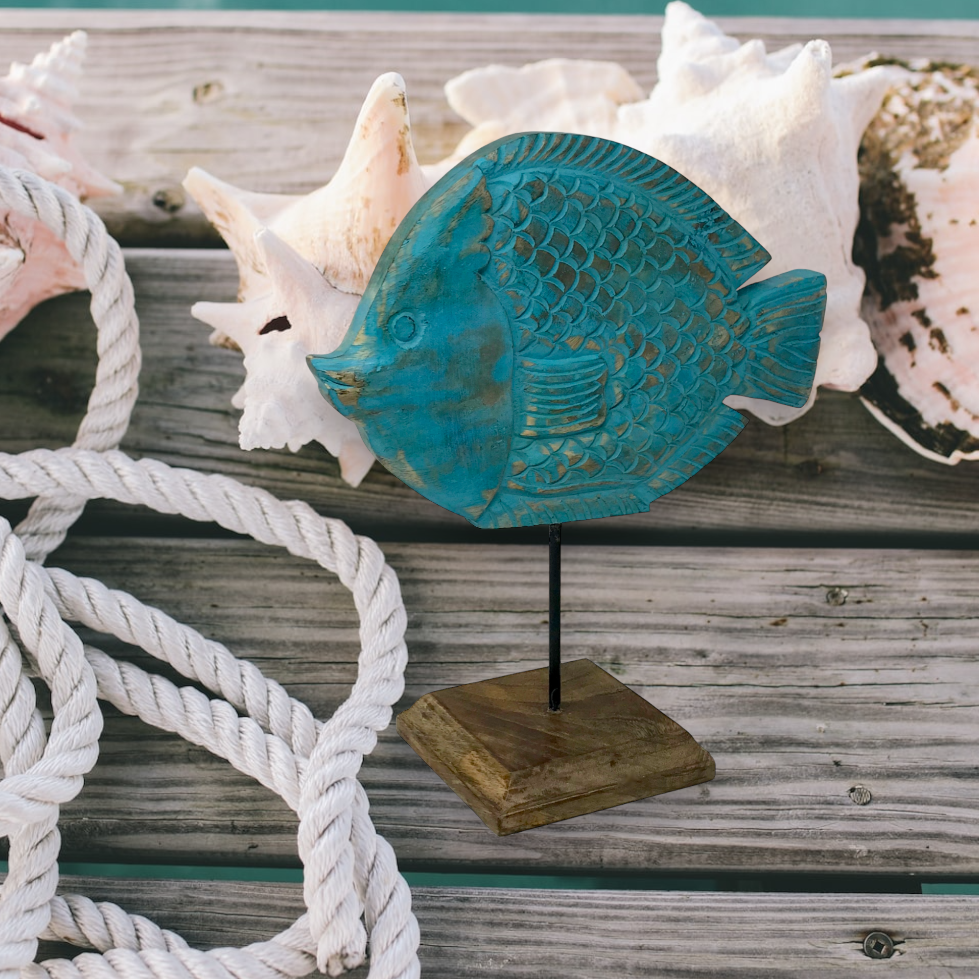 Wilco Home - Vente Sculpture - Sculpture en bois sculptée à la main de Polly Puffer Fish « Fish Tales »4