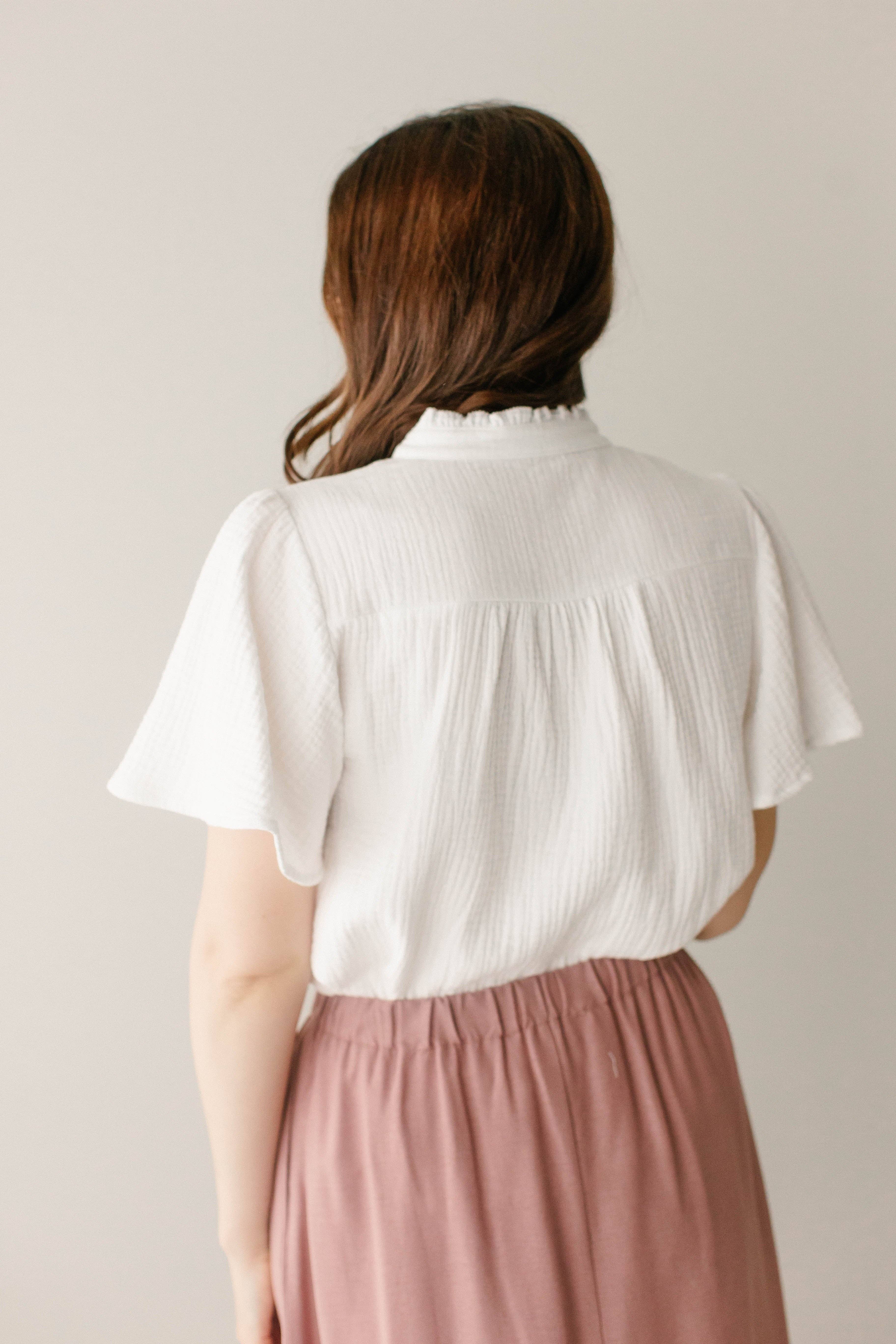 White 'Deborah' Cotton Gauze Ruffle Trim Blouse FINAL SALE for wholesale on Faire10