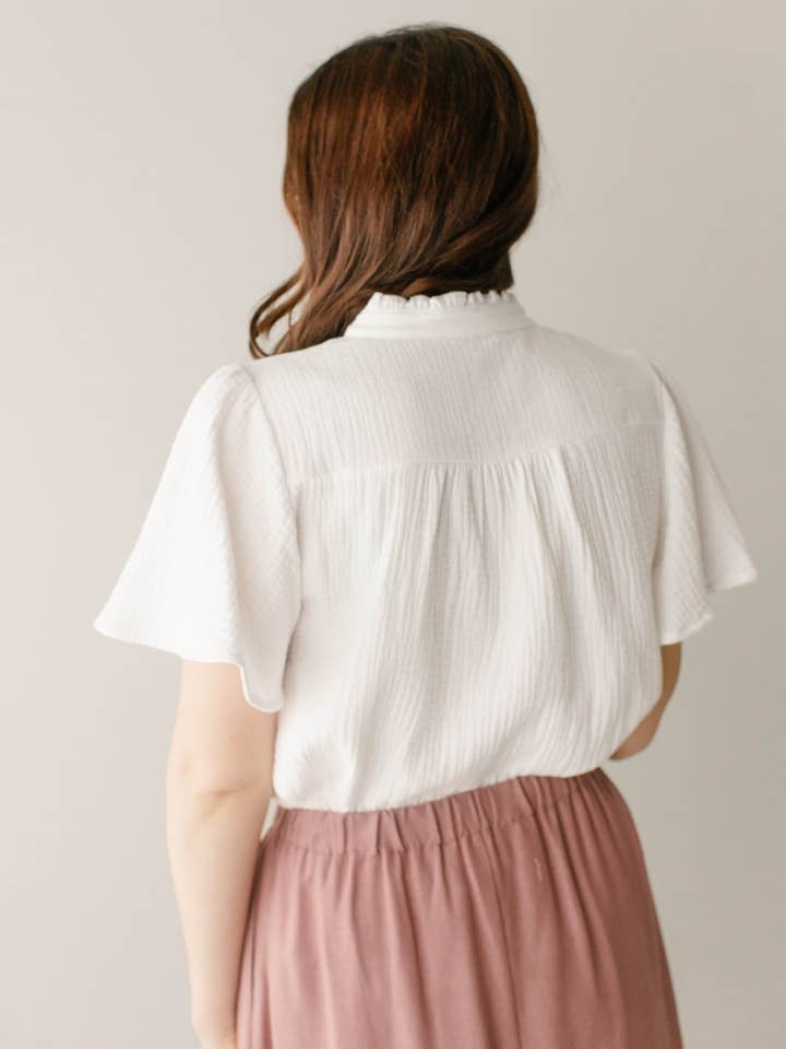 White 'Deborah' Cotton Gauze Ruffle Trim Blouse FINAL SALE for wholesale on Faire10