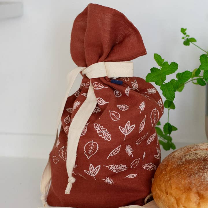 Linen Bread Bag Handprinted Leaves, Rust Linen Bread Storage for wholesale by Helen Round - hand printed linen and bamboo wellness
