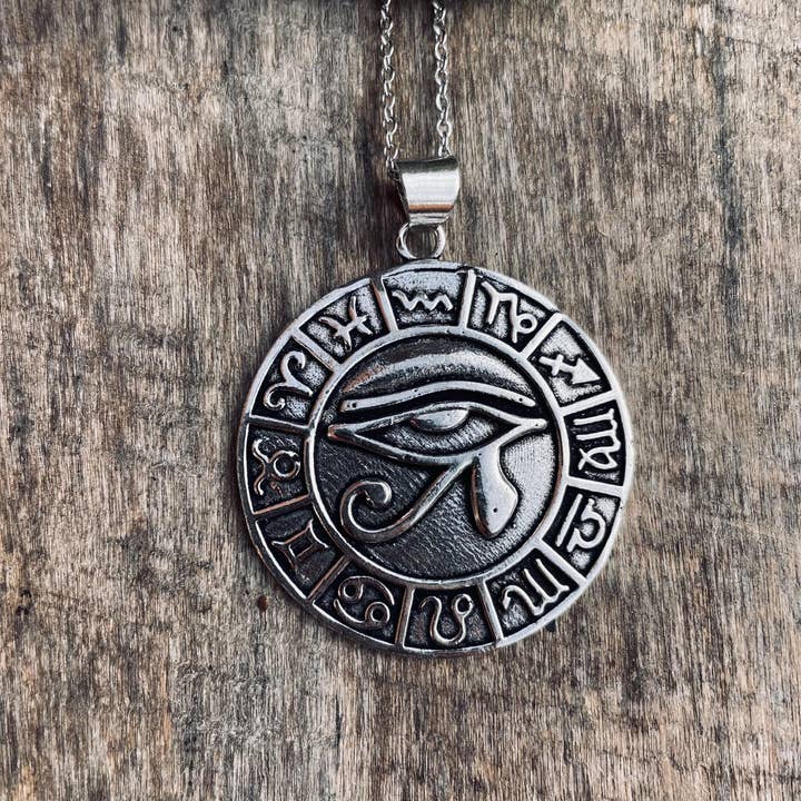Eye of Horus Silver Necklace Large Pendant / Stainless Steel Chain / Ancient Egypt / Ra / Hieroglyphics / Ethnic / Boho / Bohemian for wholesale by Kaali Boutique