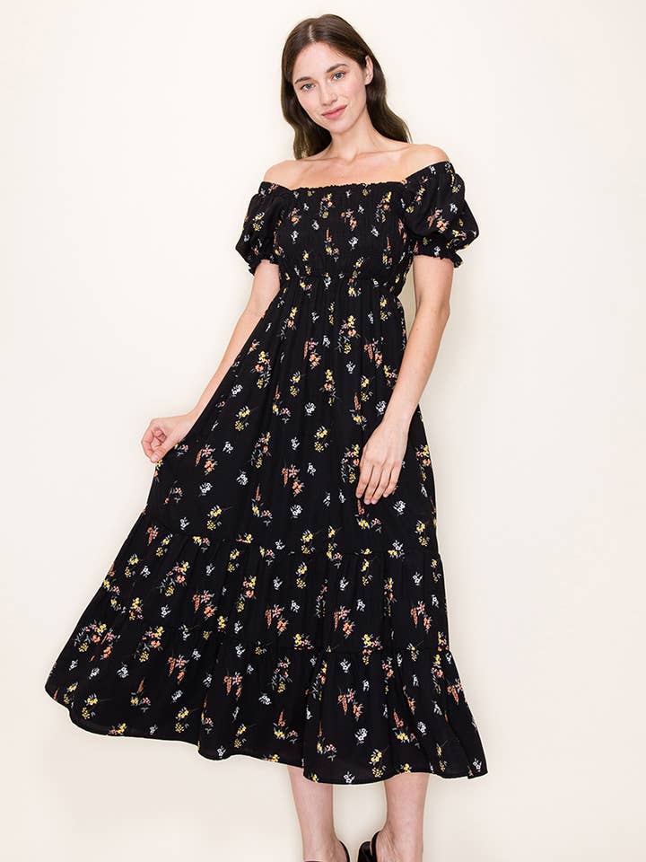 SS PUFF SQUARE NECK SMOCKED TOP MAXI DRESS for wholesale by Hesperus