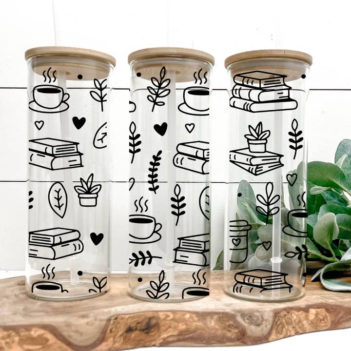 SKS Design Studio - Wholesale Drinking Glass/Cup - Books & Coffee | UVDTF |25oz Skinny Glass Tumbler, Lid,Straw