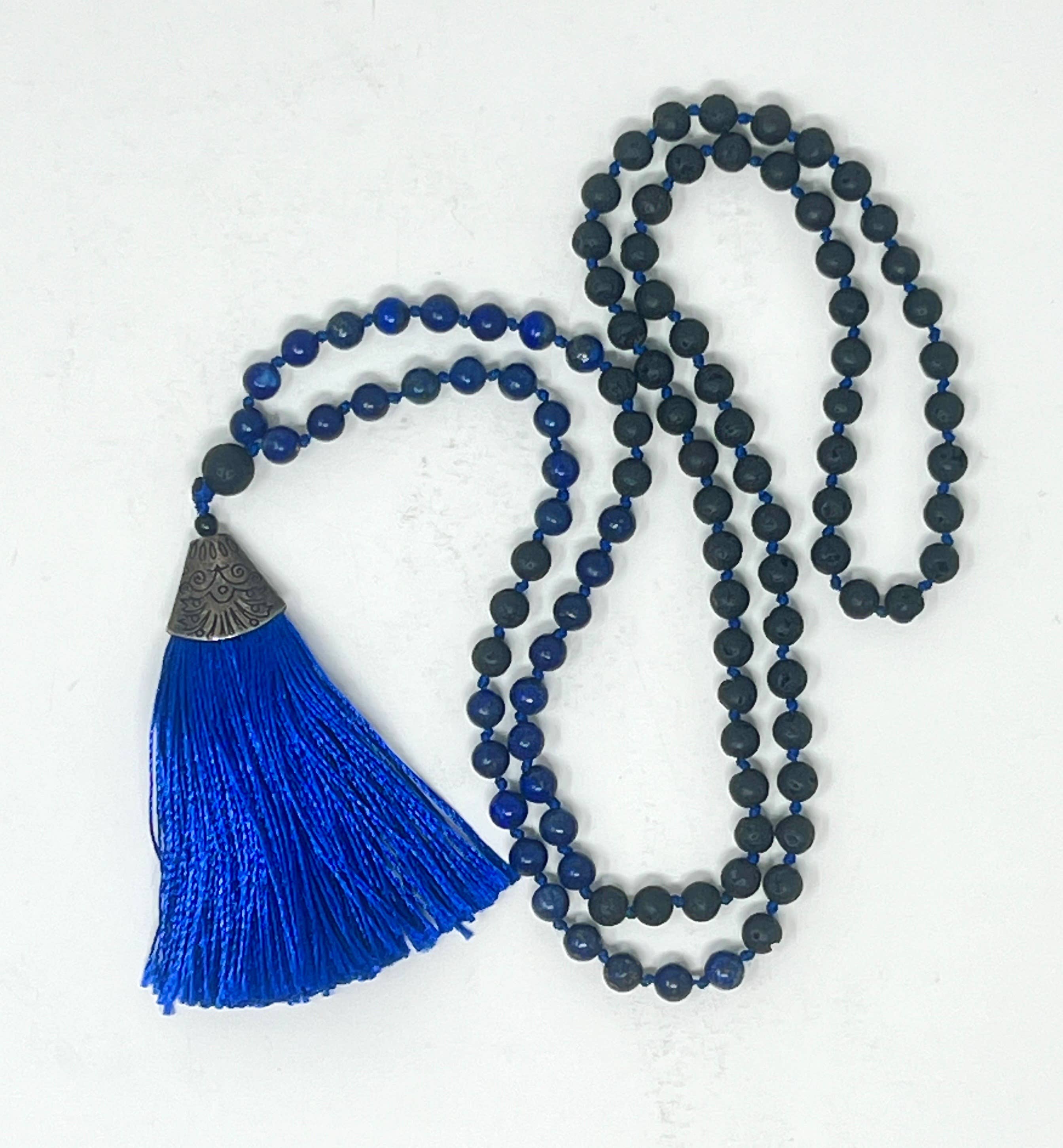 Now N Zen - Wholesale Prayer Beads Necklace - Lapis Lazuli w/Lava Stone Malas with Silk Tassel - 6mm0
