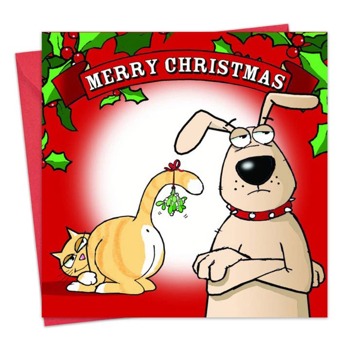 Cat & Dog Mistletoe - Funny Christmas Card for wholesale by Twizler Ltd