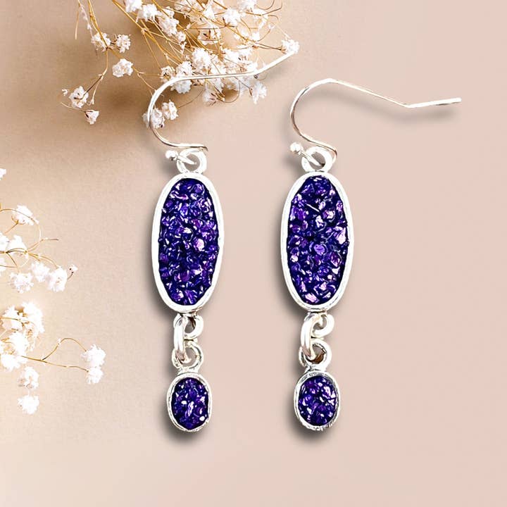 Brincos oblongos de vidro esmagado roxo (cópia) por atacado de Bee Mary Jewelry