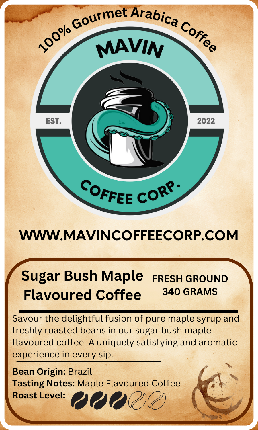 Coffin Creek Coffee - Wholesale Coffee Beans - Sugar Bush MapleFlavoured Coffee - 340 Grams1