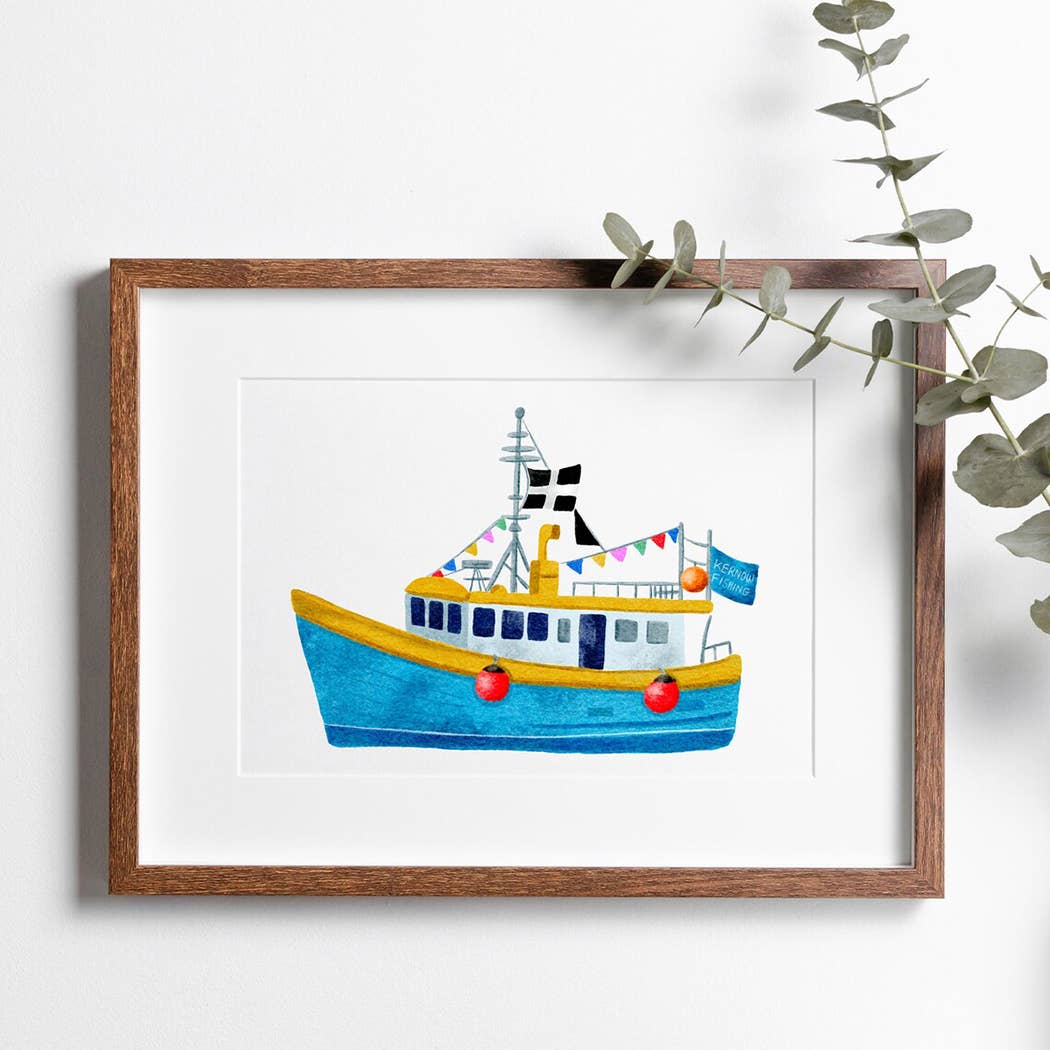 Sarah Whittle Illustration – wholesale Art print – Cornish Fishing Boat with Cornwall Flag Art Print1
