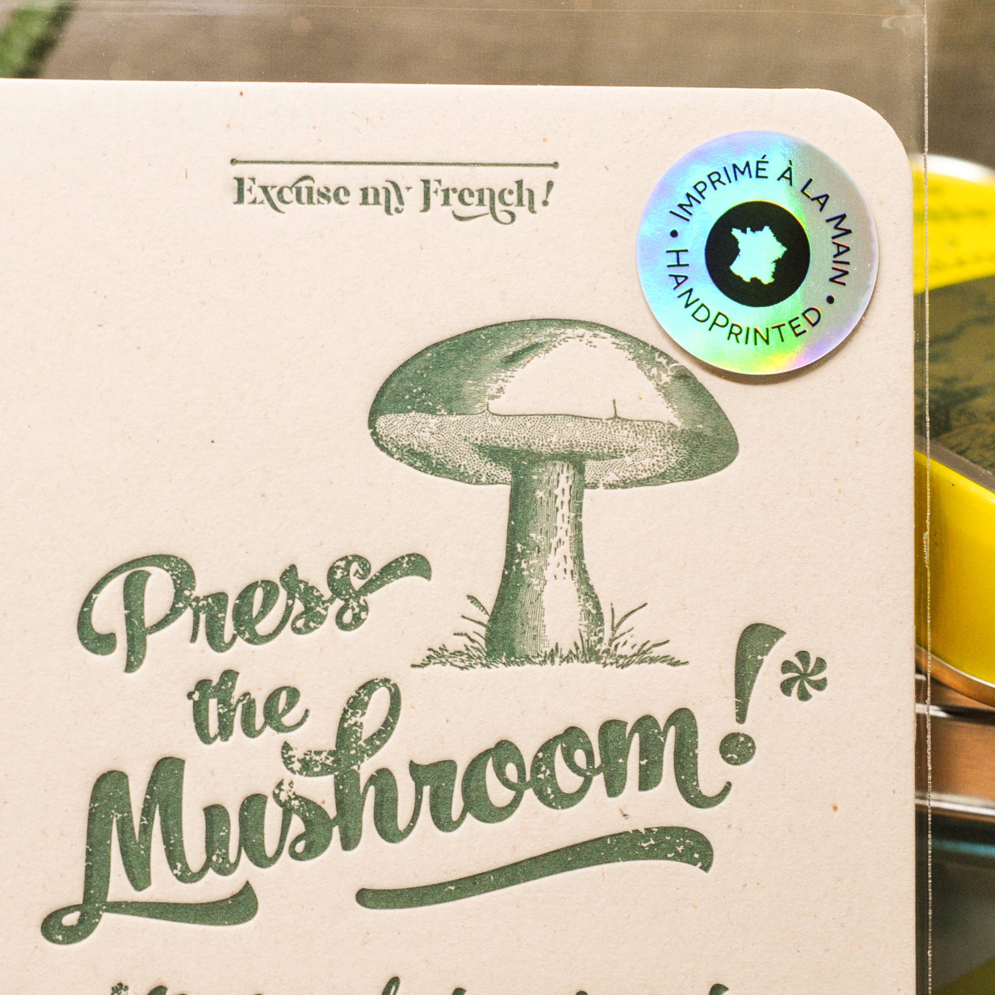 L'Atelier Letterpress – wholesale Vardagliga hälsningskort – Boktryckt kort med texten "Press the Mushroom"1