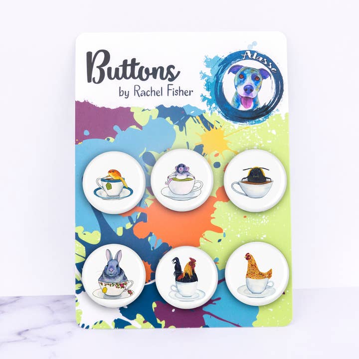 Tea Time Pinback Button Set 3 for wholesale by Alasse