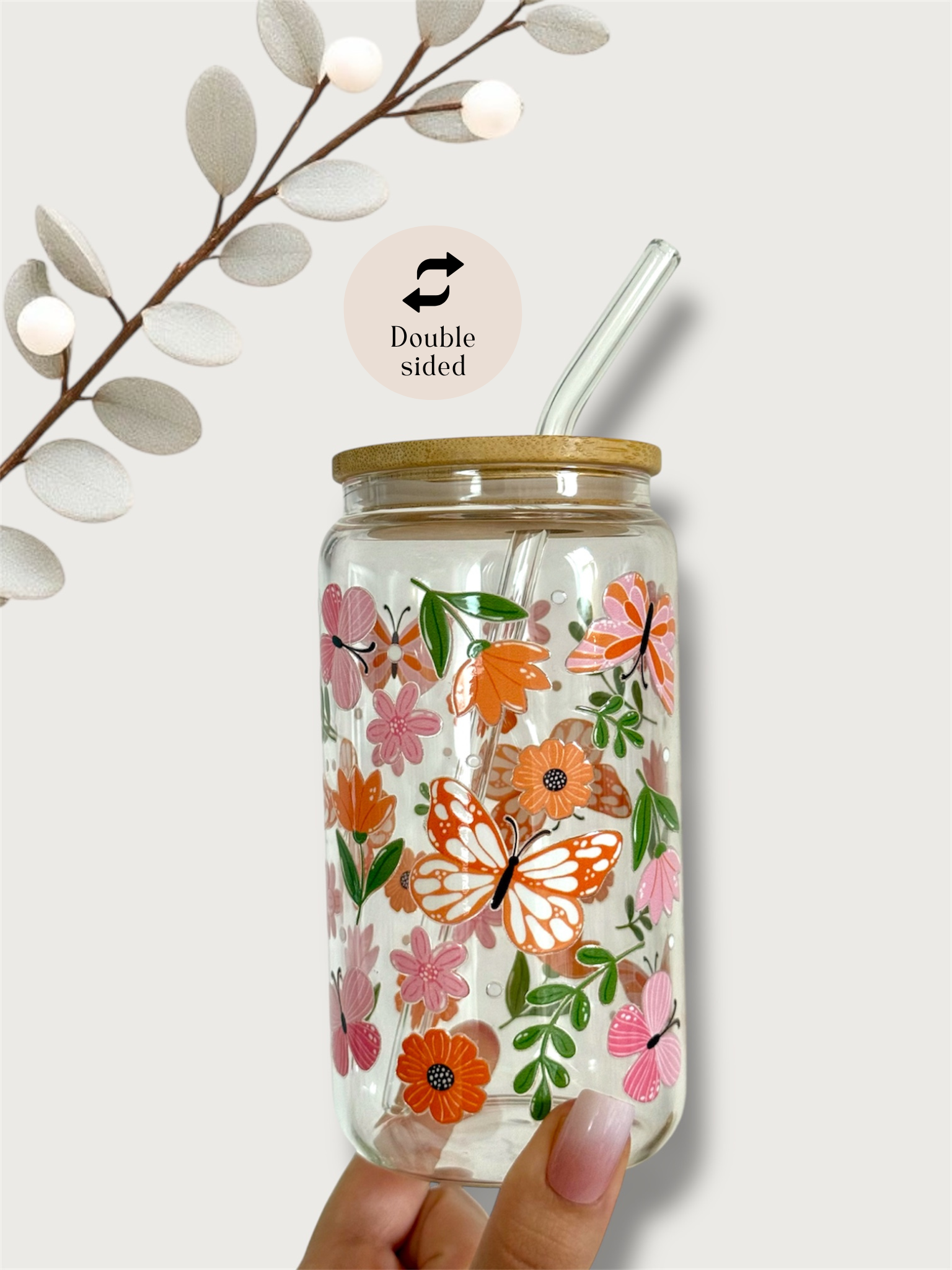 the cute cloud - Wholesale Drinking Glass/Cup - Butterfly Garden Glass Tumbler Double Sided Print with Lid and Straw1